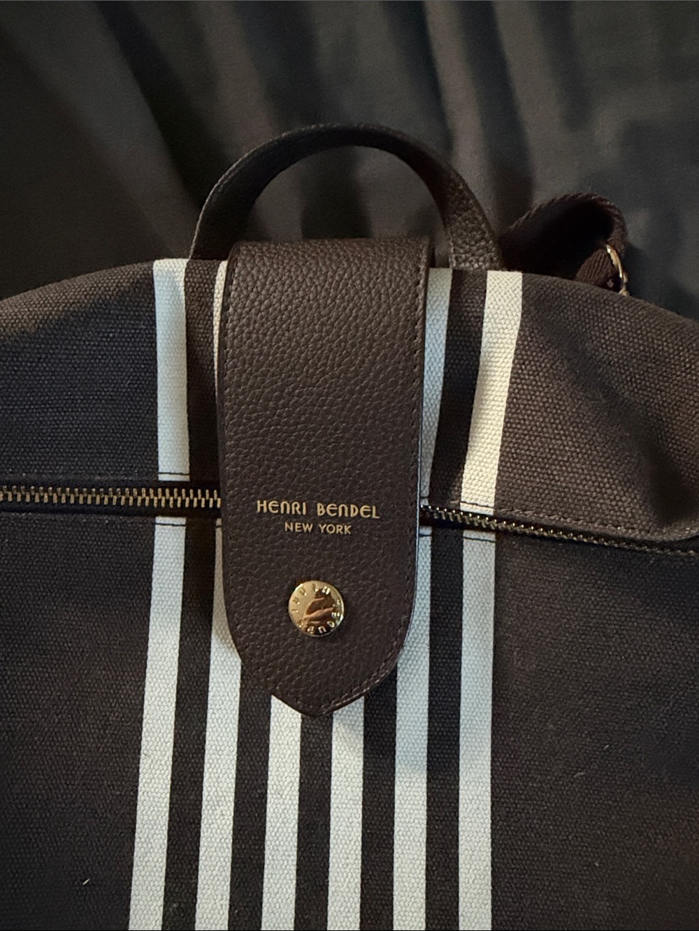henri bendel Brown Canvas Backpack with White Vertical Stripes - Picture 3 of 5